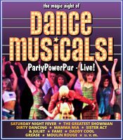 Veranstaltungsplakat "The Magic Nights of Dancemusicals" mit feiernden Menschen