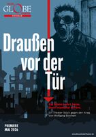 Schreiender Mann vor Trümmer Kulisse mit Schriftzug Draussen vor der Tür