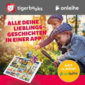 Ein Blau schwarz gezeichneter Tiger stellt das Tigerbooks Angebot vor.
