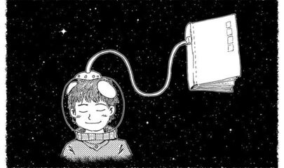 Ein Junge im Weltraum, mit einem Buch am Helm verbunden.  Link führt zur Information über die Traumreise.