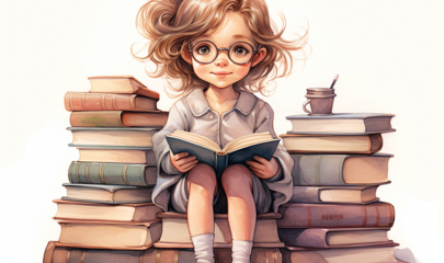 Ein Mädchen mit einem Buch sitzt auf einenm großen Haufen Bücher. Link führt zur Information über die Veranstaltung